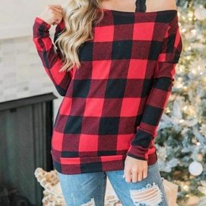 (SALE) 🔥🔥Stylish Red Buffalo Plaid Off Shoulder Top S, M, L